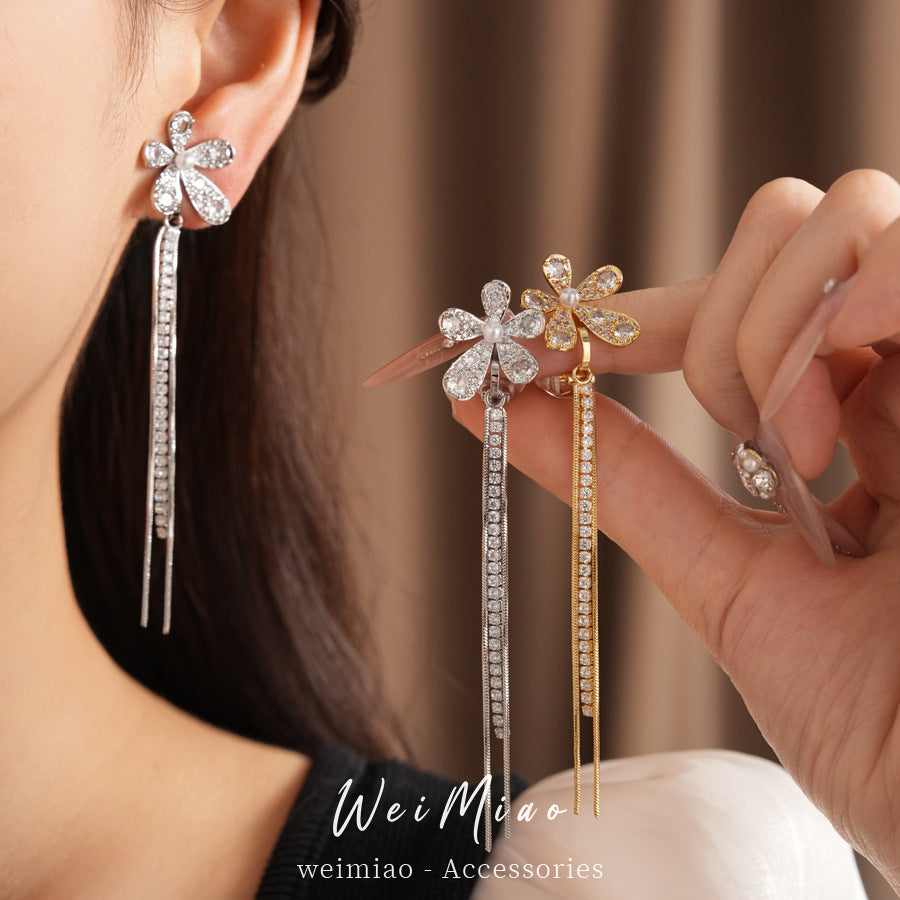 Zircon pearl flower fringed ear clips for women without ear piercings temperament fashion earrings light luxury high-end earrings wholesale