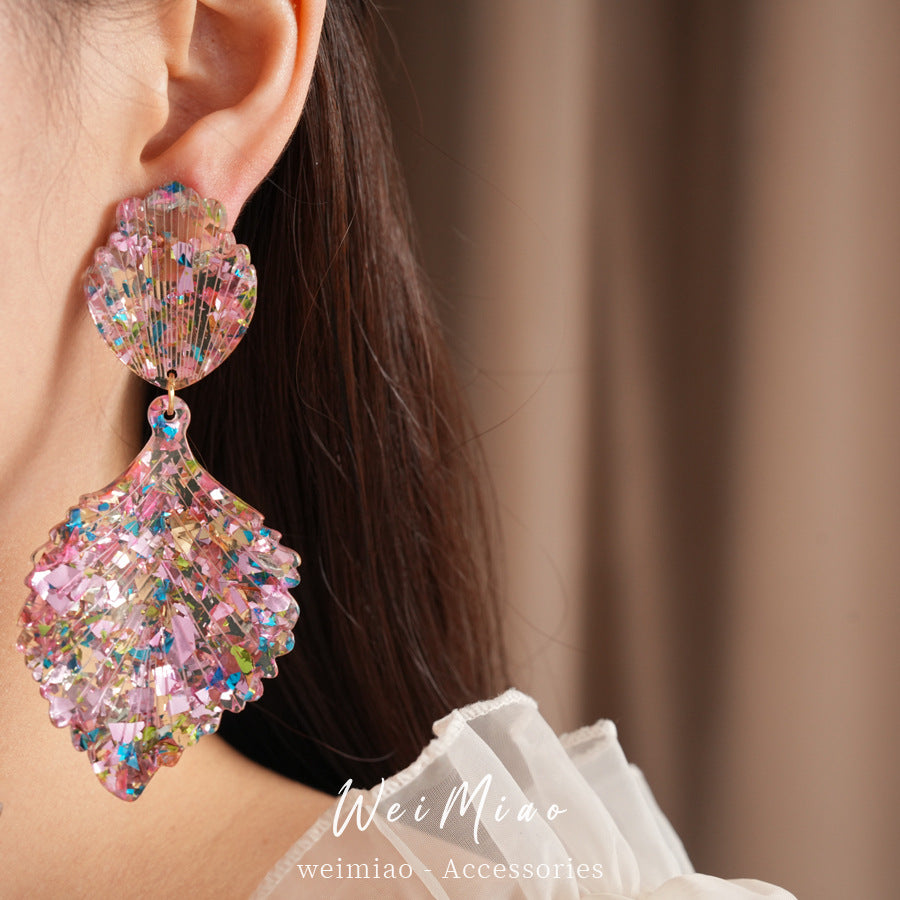 Silver needle pink leaf stud earrings European and American style fashion personality niche exaggerated earrings light luxury high-end earrings wholesale