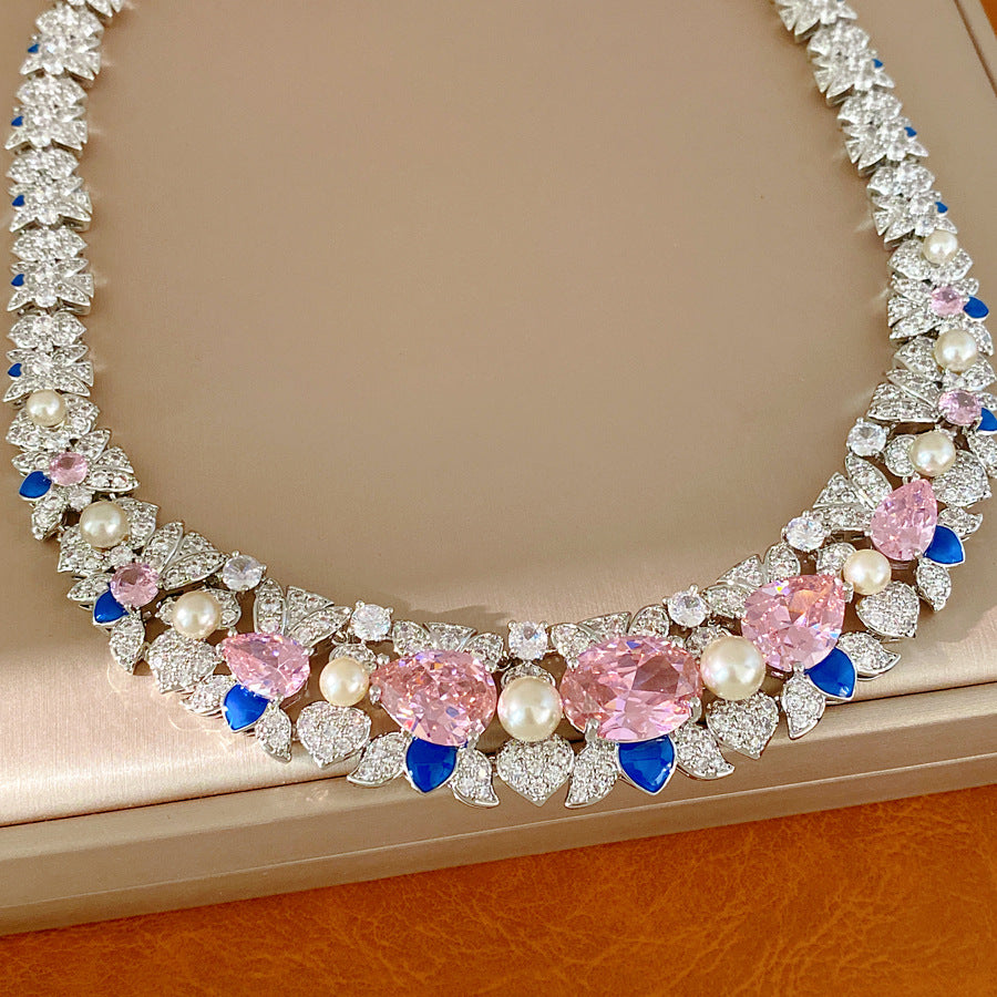 Court style zircon flower water drop pearl necklace light luxury niche collarbone chain high-end exquisite jewelry set