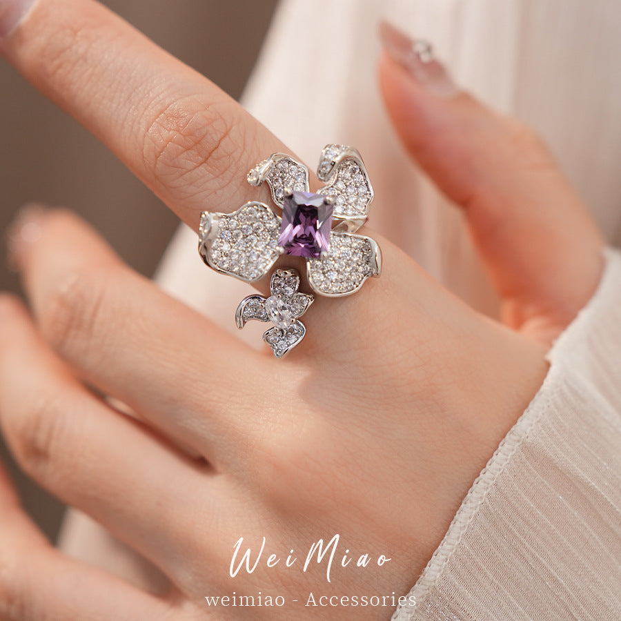 18k real gold electroplated zircon flower opening ring niche high-end ring exquisite light luxury temperament jewelry