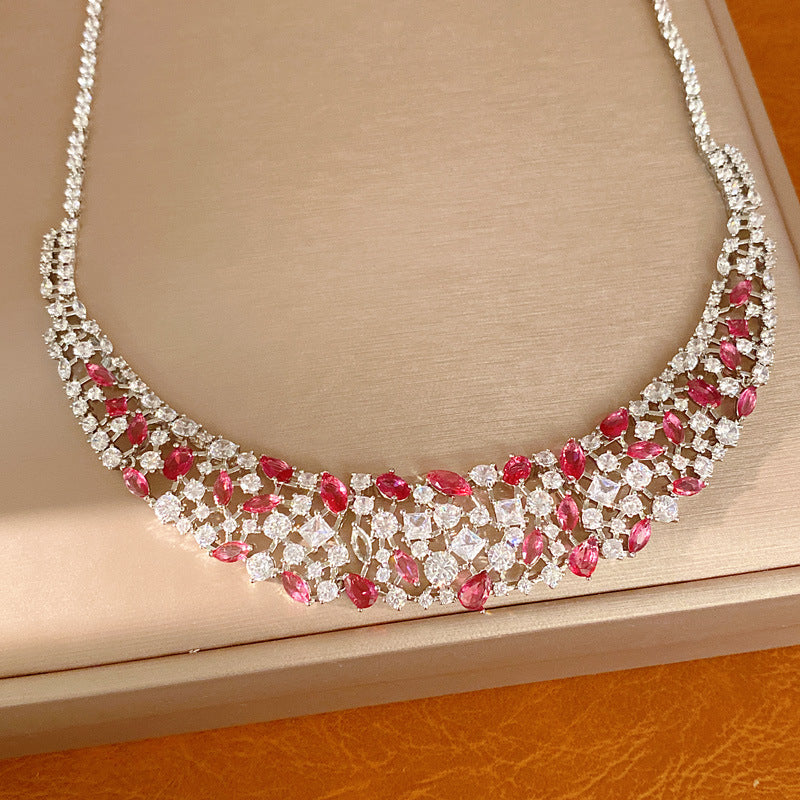 Pink elegant zircon water drop square hollow necklace light luxury niche collarbone chain high-end jewelry set