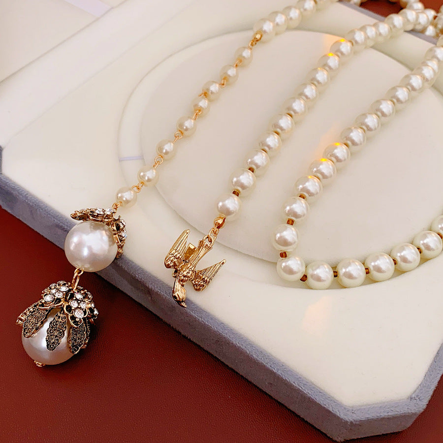 Diamond Flower Bird Pearl Necklace French Retro Light Luxury Adjustable Clavicle Chain Versatile Premium Sense Necklace Women