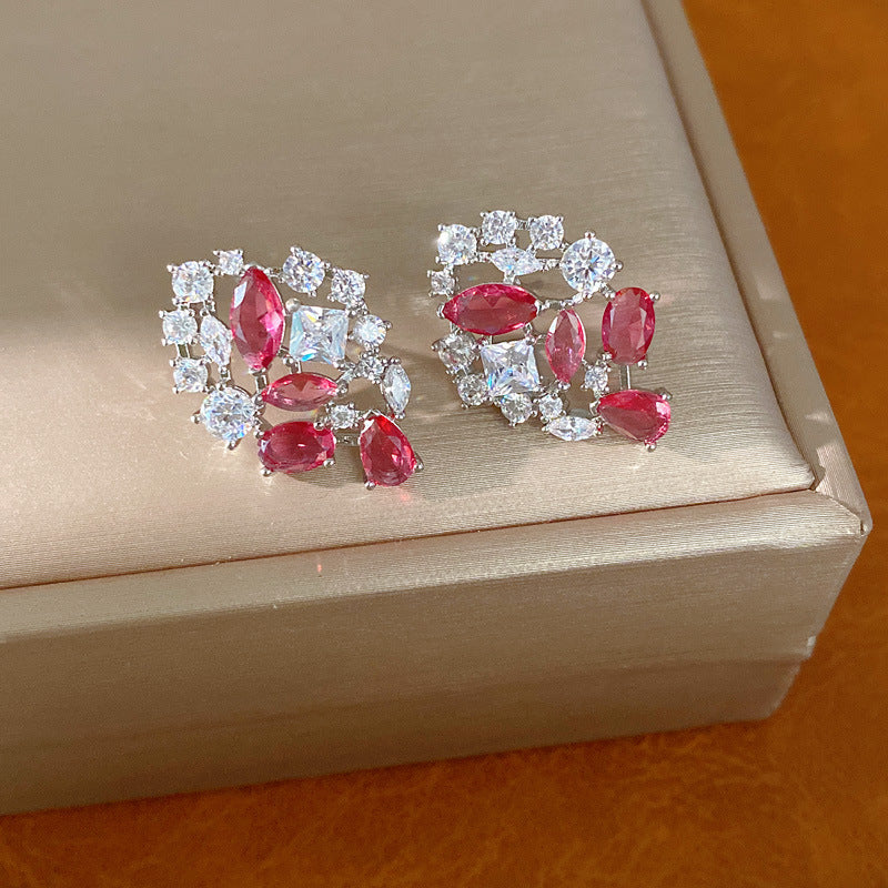 Pink elegant zircon water drop square hollow necklace light luxury niche collarbone chain high-end jewelry set