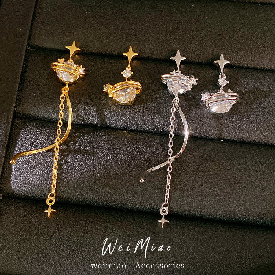 18k real gold electroplated silver needle zircon mango asymmetric stud earrings personalized temperament earrings light luxury high-end earrings