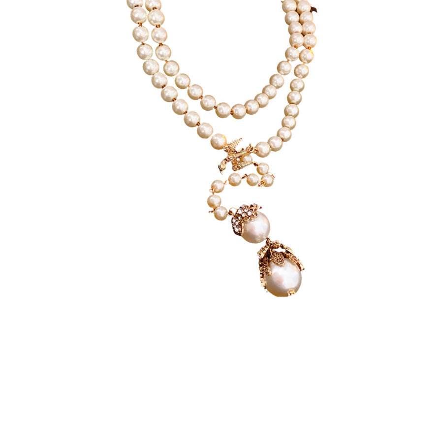 Diamond Flower Bird Pearl Necklace French Retro Light Luxury Adjustable Clavicle Chain Versatile Premium Sense Necklace Women