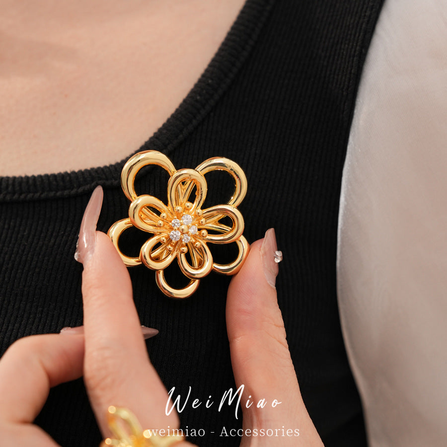 18k real gold electroplated zirconium hollow flower necklace light luxury niche high-end collarbone chain versatile style jewelry set