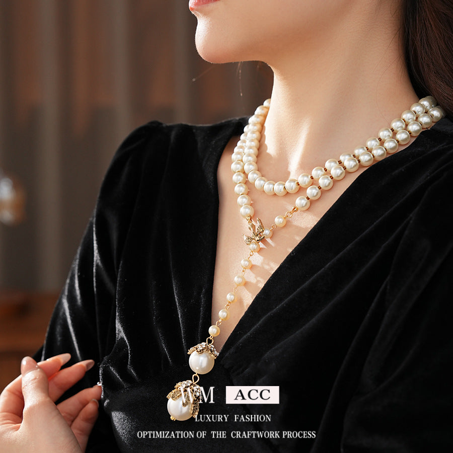 Diamond Flower Bird Pearl Necklace French Retro Light Luxury Adjustable Clavicle Chain Versatile Premium Sense Necklace Women