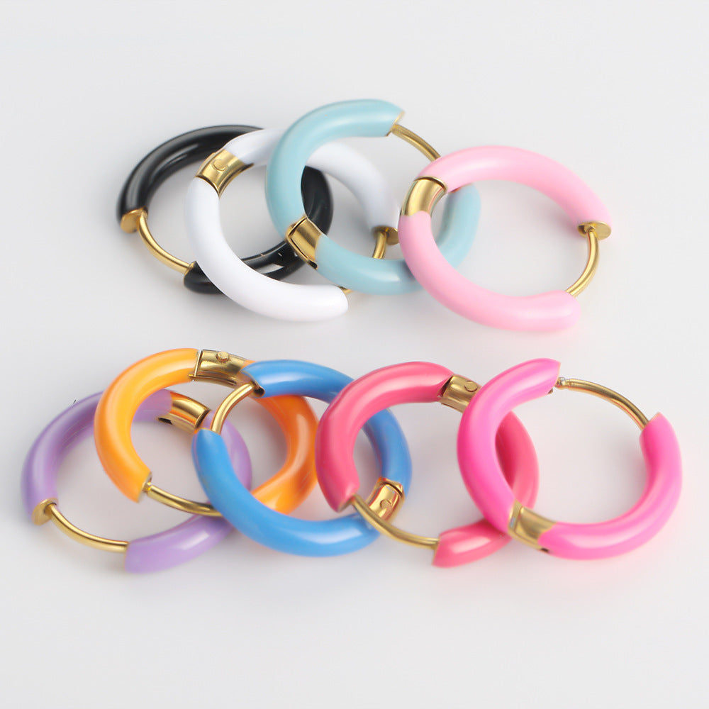 Multi-color oil drip earrings New retro circle earrings Cross-border European and American stainless steel non-fading earrings Oil drip earrings