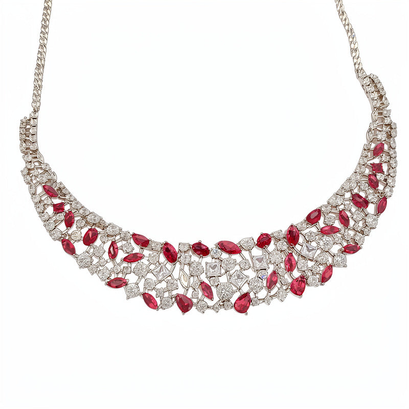 Pink elegant zircon water drop square hollow necklace light luxury niche collarbone chain high-end jewelry set