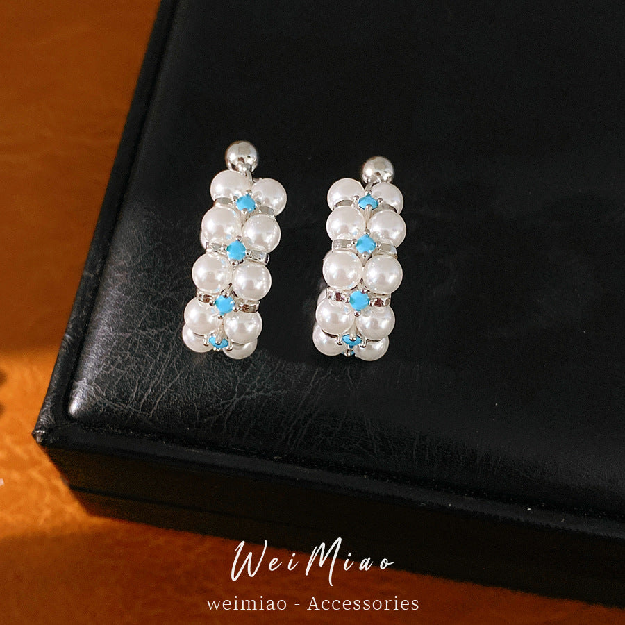 Zircon beaded round pearl stud earrings simple temperament versatile earrings light luxury high-end jewelry set wholesale