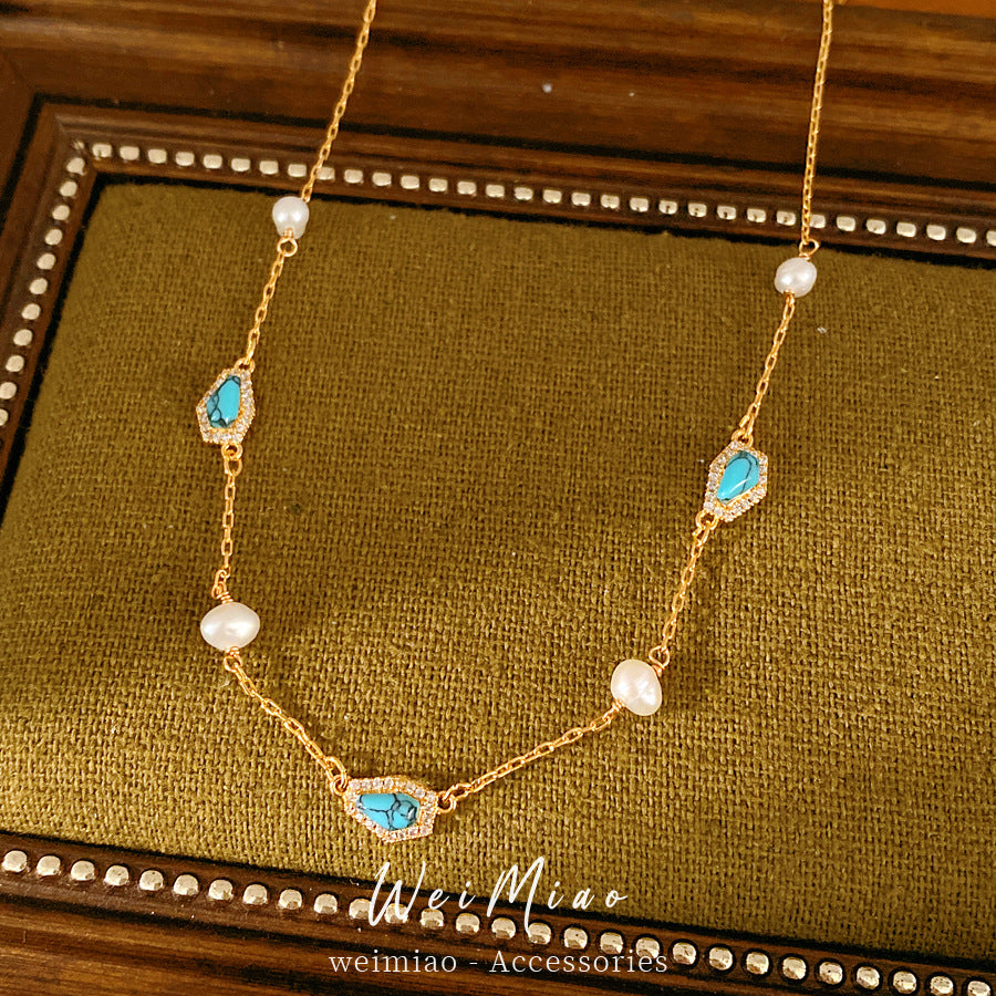 18k real gold electroplated zircon freshwater pearl stone necklace light luxury niche collarbone chain temperament retro necklace women