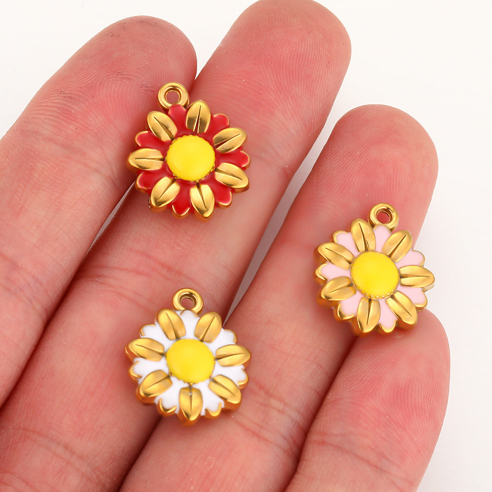 Stainless steel double-sided oil drip small daisy flower pendant DIY handmade accessories material pendant oil drip pendant accessories