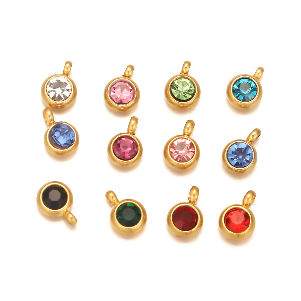 Stainless steel lucky stone pendant with diamonds 12-color birthday stone necklace DIY pendant accessories do not fade pendant accessories