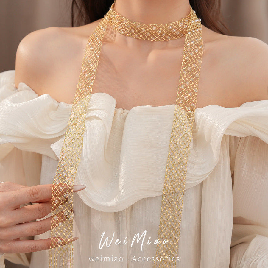 Round glass hollow bracelet necklace personality temperament fashion sweater chain high sense light luxury jewelry set wholesale