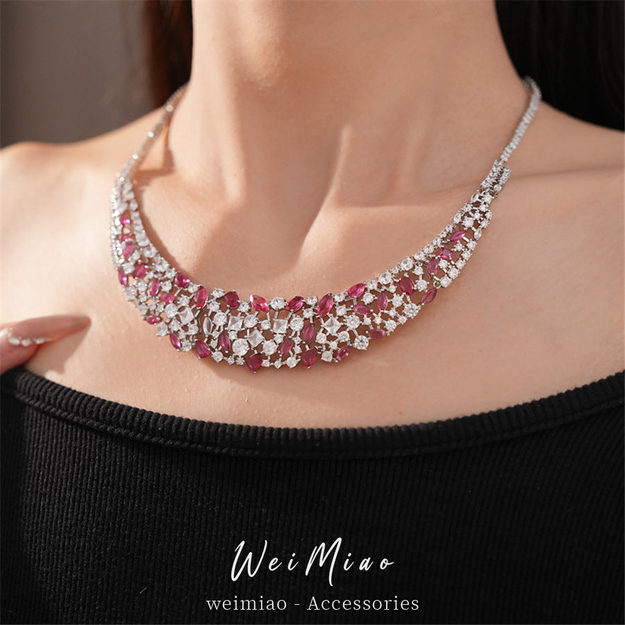 Pink elegant zircon water drop square hollow necklace light luxury niche collarbone chain high-end jewelry set