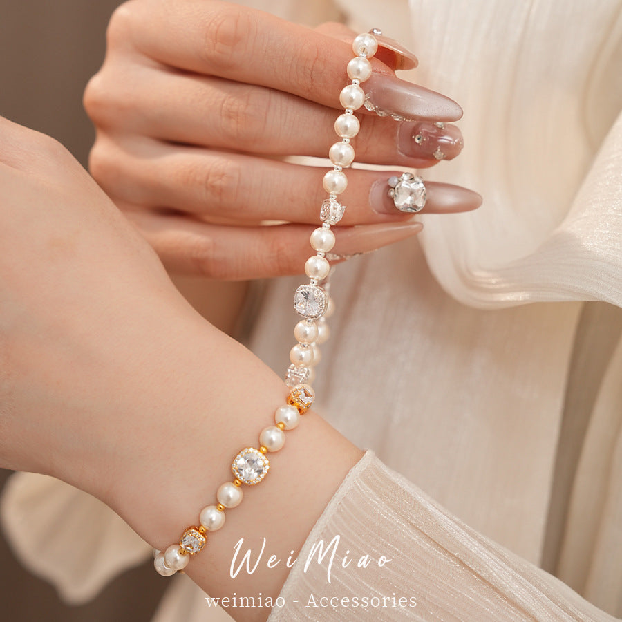 18k real gold electroplated square zircon beaded pearl bracelet light luxury niche bracelet commuting versatile jewelry wholesale