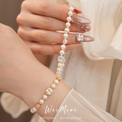 18k real gold electroplated square zircon beaded pearl bracelet light luxury niche bracelet commuting versatile jewelry wholesale