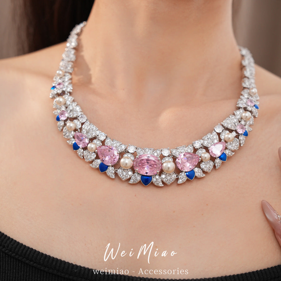 Zircon flower water drop pearl necklace light luxury niche collarbone chain court temperament exquisite jewelry set wholesale
