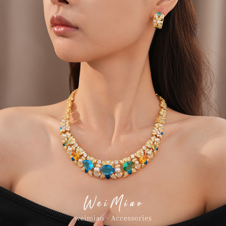 Court style zircon flower water drop pearl necklace light luxury niche collarbone chain high-end exquisite jewelry set