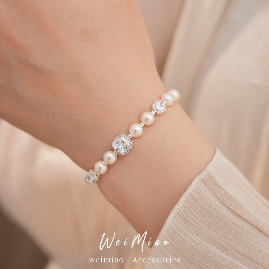 18k real gold electroplated square zircon beaded pearl bracelet light luxury niche bracelet commuting versatile jewelry wholesale