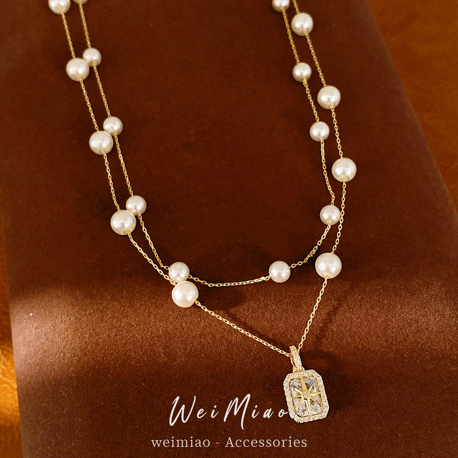 18k real gold electric double-layer zircon mango pearl necklace light luxury niche high-end clavicle chain temperament wind necklace decoration