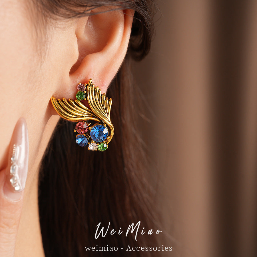 Medieval vintage silver needle with diamonds pleated stud earrings exquisite niche retro style earrings light luxury high-end earrings