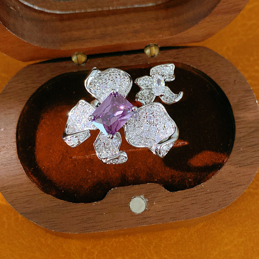 18k real gold electroplated zircon flower opening ring niche high-end ring exquisite light luxury temperament jewelry