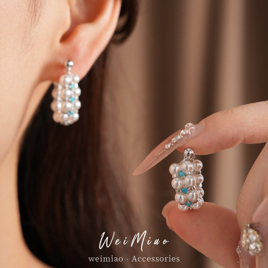 Zircon beaded round pearl stud earrings simple temperament versatile earrings light luxury high-end jewelry set wholesale