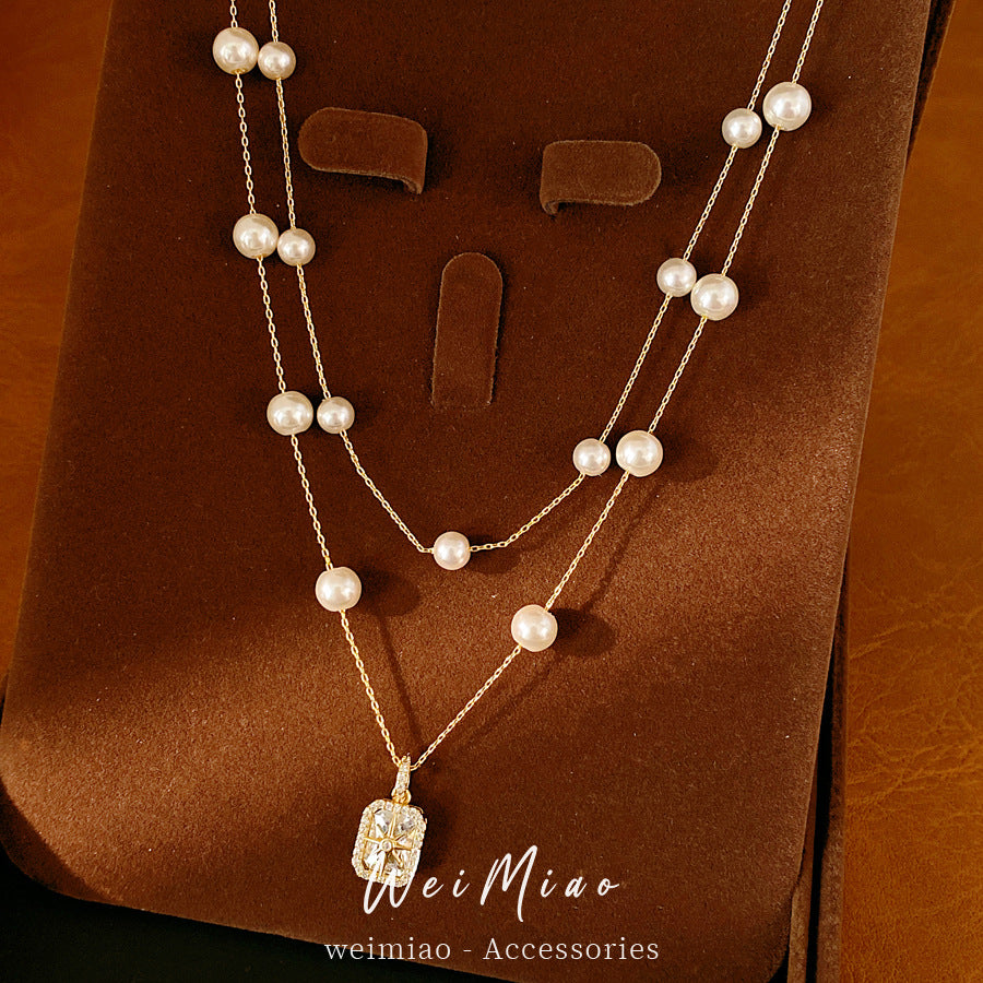 18k real gold electric double-layer zircon mango pearl necklace light luxury niche high-end clavicle chain temperament wind necklace decoration