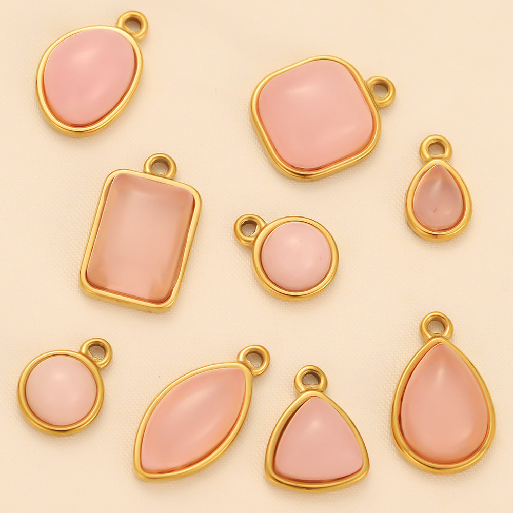 Stainless steel natural stone pendant pink oval European and American necklace pendant DIY jewelry accessories pendant accessories