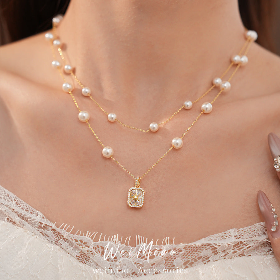 18k real gold electric double-layer zircon mango pearl necklace light luxury niche high-end clavicle chain temperament wind necklace decoration