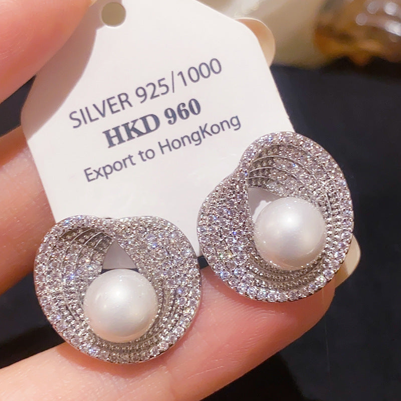 Sterling Silver Zirconia Pearl Stud Earrings - Elegant Luxury Design
