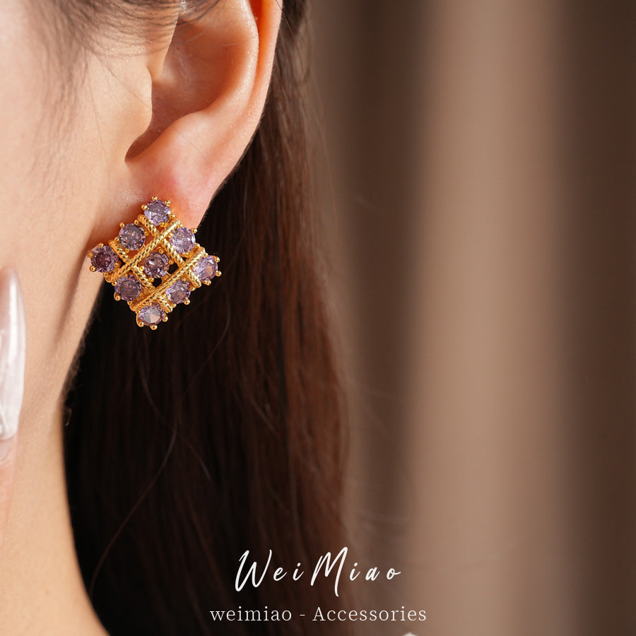 18k real gold electroplated silver needle inlaid zircon rhombus stud earrings personalized temperament niche earrings light luxury high-end earrings