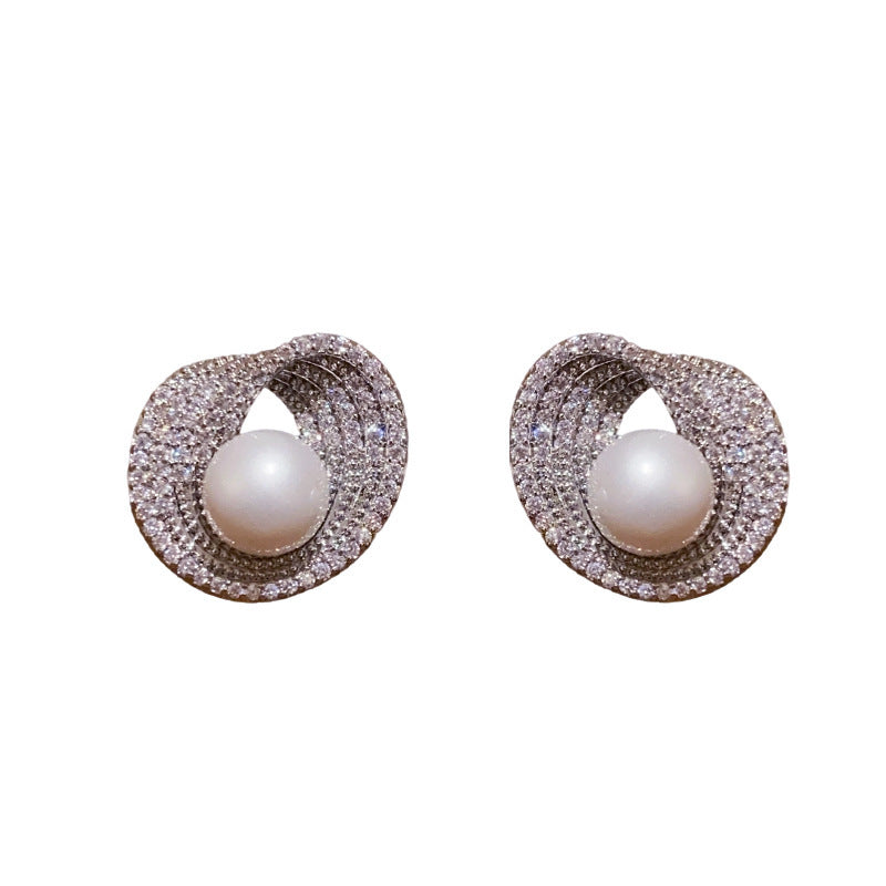 Silver needle zircon irregular round pearl stud earrings light luxury high-end earrings exquisite temperament personalized niche earrings