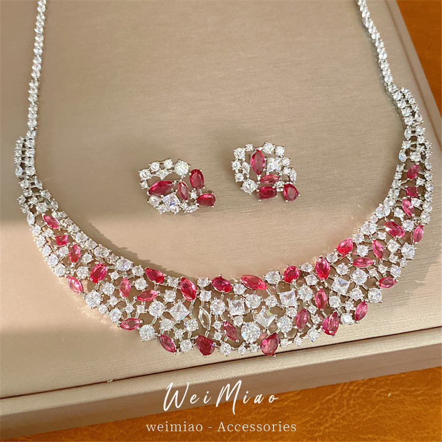 Pink elegant zircon water drop square hollow necklace light luxury niche collarbone chain high-end jewelry set