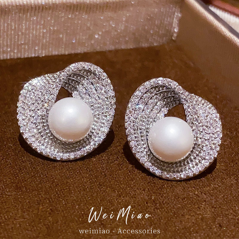 Sterling Silver Zirconia Pearl Stud Earrings - Elegant Luxury Design