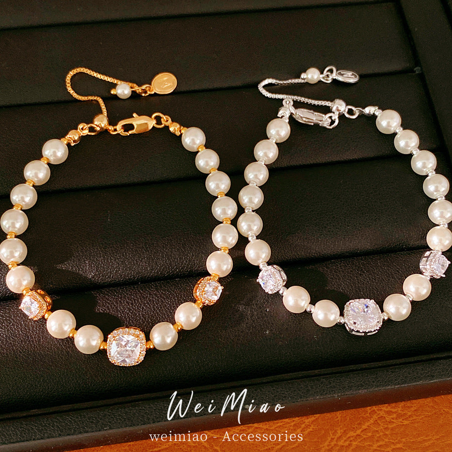 18k real gold electroplated square zircon beaded pearl bracelet light luxury niche bracelet commuting versatile jewelry wholesale