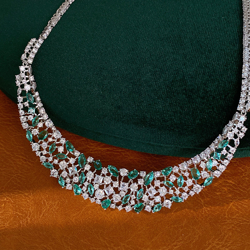 Pink elegant zircon water drop square hollow necklace light luxury niche collarbone chain high-end jewelry set