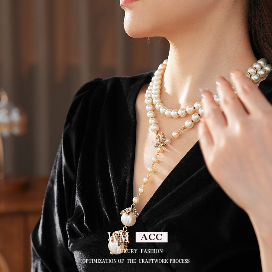 Diamond Flower Bird Pearl Necklace French Retro Light Luxury Adjustable Clavicle Chain Versatile Premium Sense Necklace Women