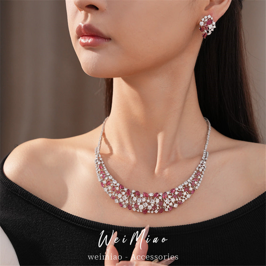 Pink elegant zircon water drop square hollow necklace light luxury niche collarbone chain high-end jewelry set