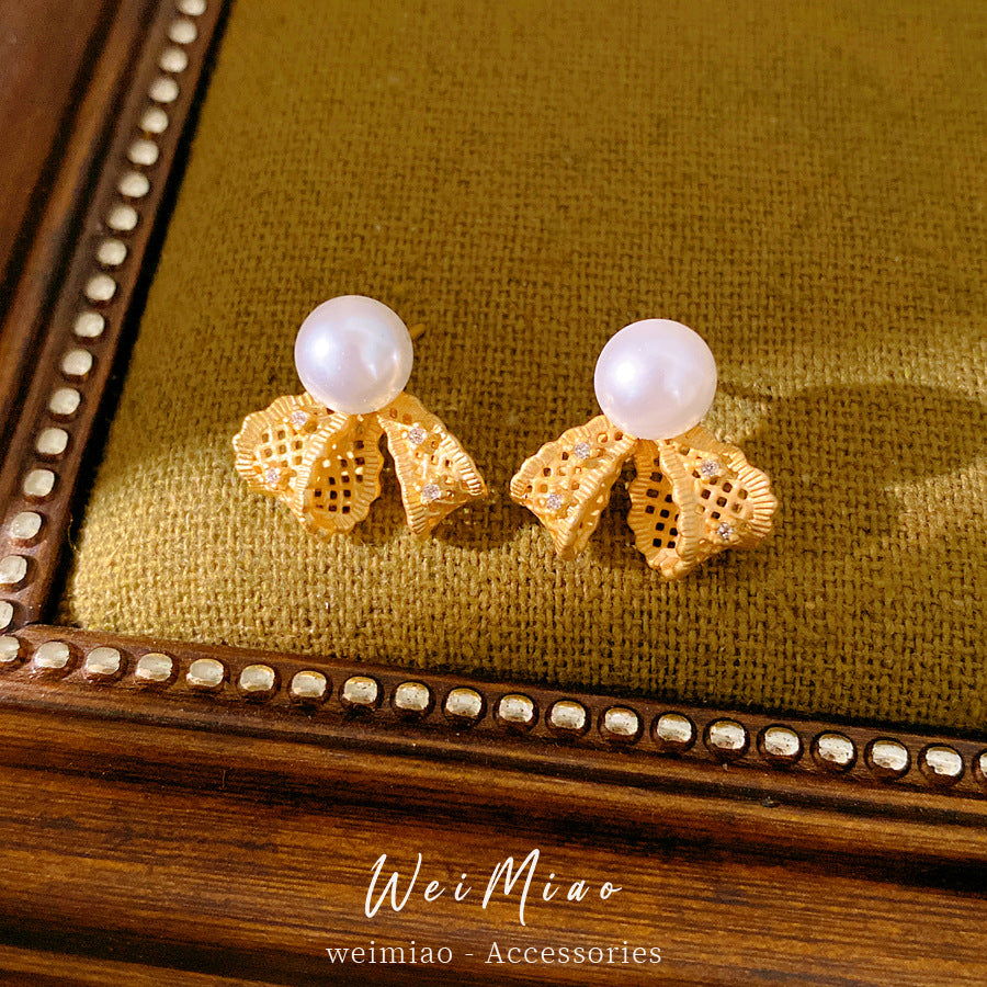 Silver needle inlaid zircon lace hollow pearl stud earrings simple versatile commuter temperament earrings light luxury high-end earrings