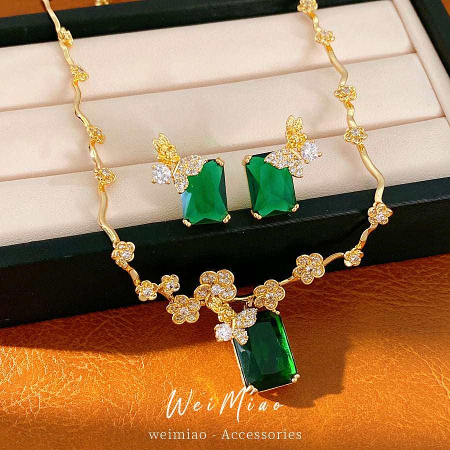 18k real gold electroplated zircon flower butterfly square necklace light luxury niche collarbone chain exquisite jewelry set