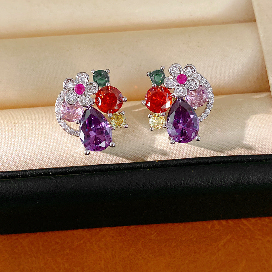 Silver needle inlaid zircon flower water drop round stud earrings exquisite temperament niche earrings light luxury high-end earrings wholesale