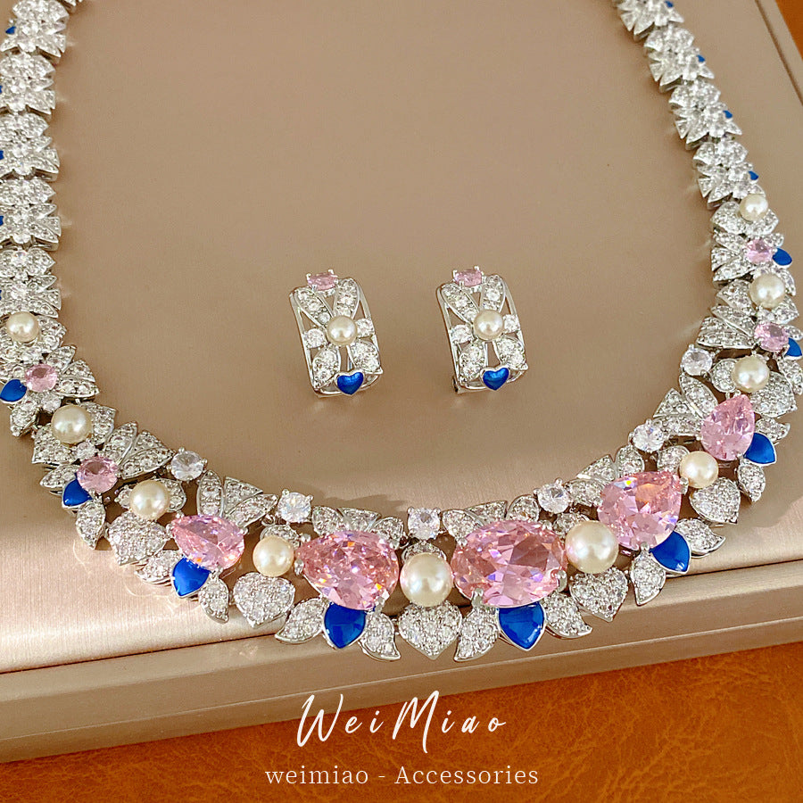Zircon flower water drop pearl necklace light luxury niche collarbone chain court temperament exquisite jewelry set wholesale