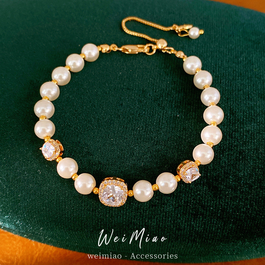 18k real gold electroplated square zircon beaded pearl bracelet light luxury niche bracelet commuting versatile jewelry wholesale