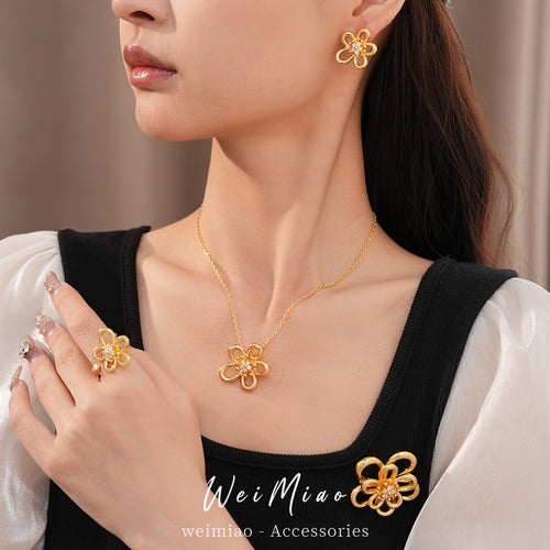 18k real gold electroplated zirconium hollow flower necklace light luxury niche high-end collarbone chain versatile style jewelry set