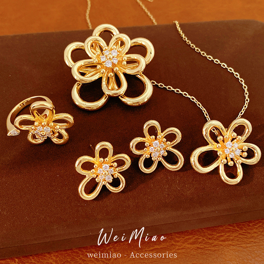 18k real gold electroplated zirconium hollow flower necklace light luxury niche high-end collarbone chain versatile style jewelry set