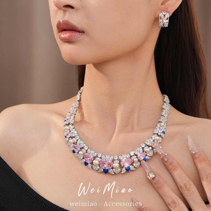 Zircon flower water drop pearl necklace light luxury niche collarbone chain court temperament exquisite jewelry set wholesale