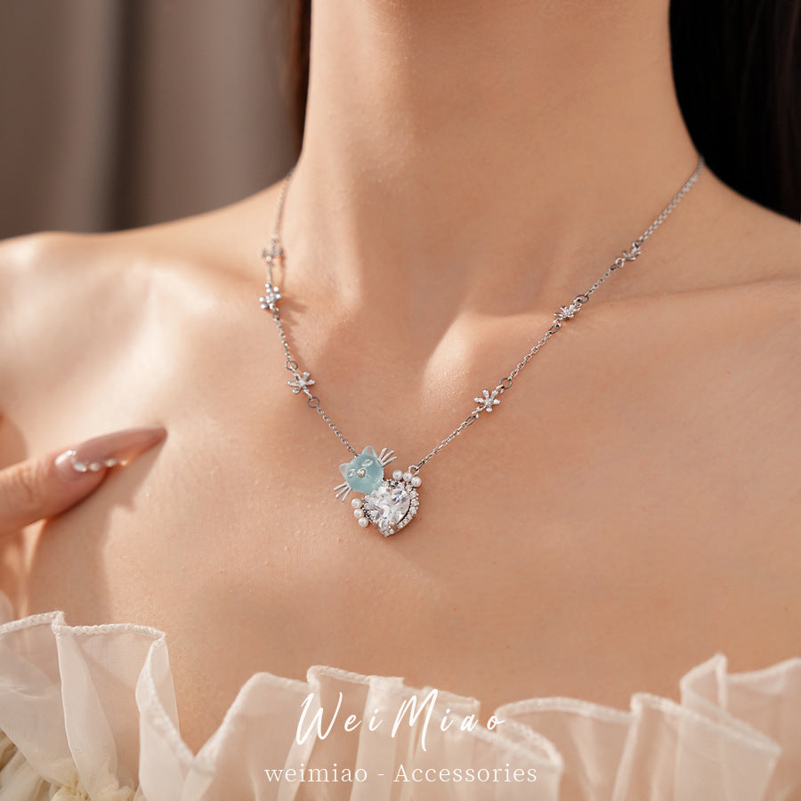 Zircon Flower Kitten Love Pearl Necklace Light Luxury Niche Clavicle Chain Casual Temperament Versatile Jewelry Set
