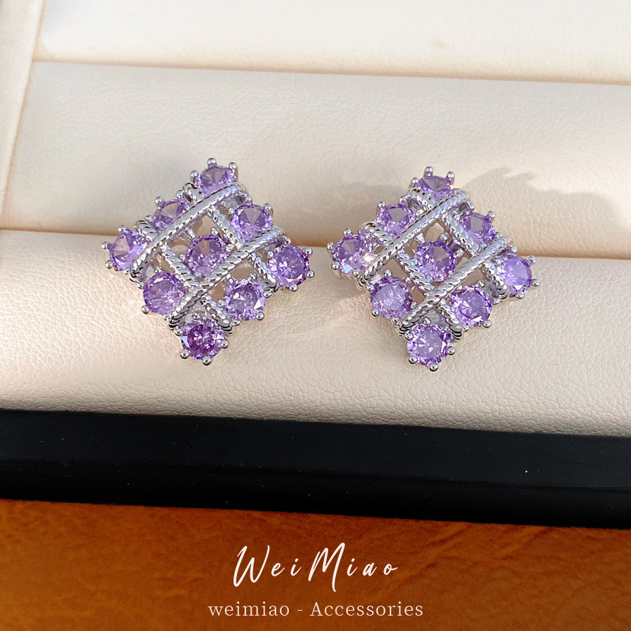 18k real gold electroplated silver needle inlaid zircon rhombus stud earrings personalized temperament niche earrings light luxury high-end earrings
